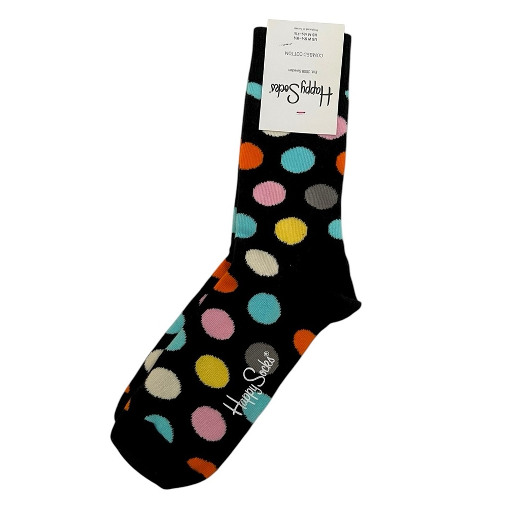 Happy Socks Polka Dot Crew Socks Black Multicolor Size‎ 9-11 New